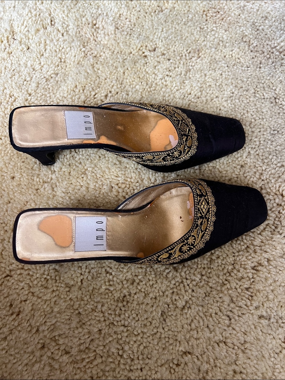 Impo Black Mule Heels with Gold Embroidered Trim